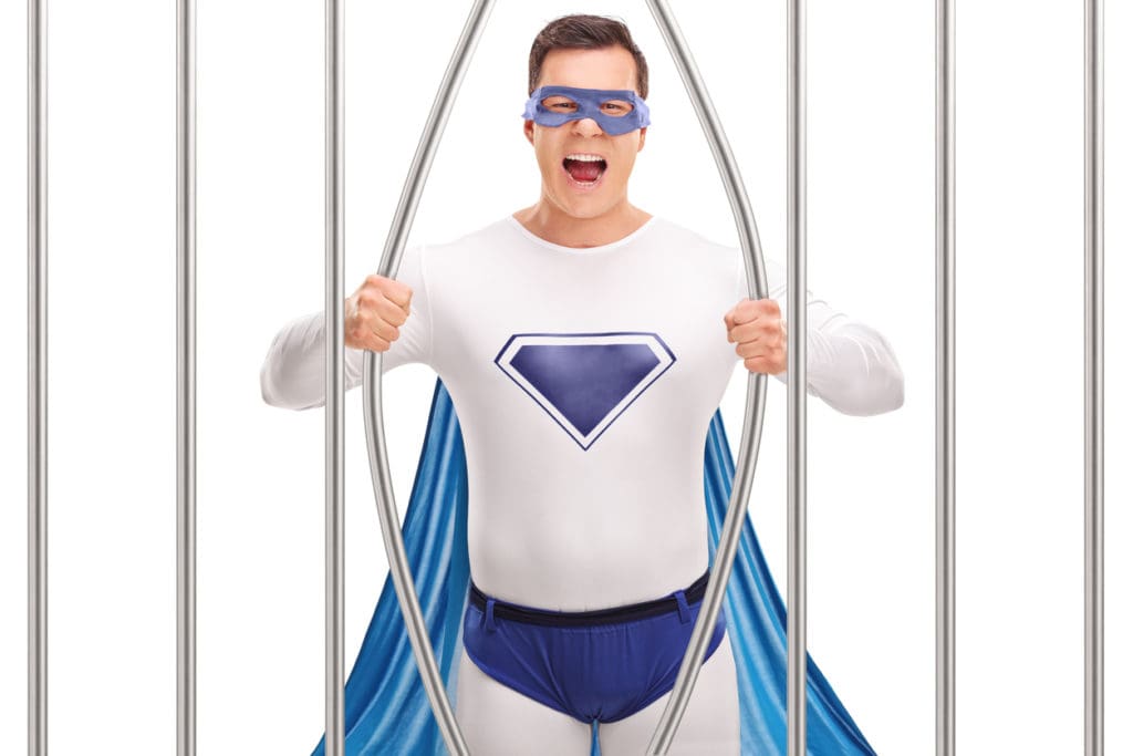 Comic Con Super Hero Breaking Free with a Good Criminal Defense Attorney